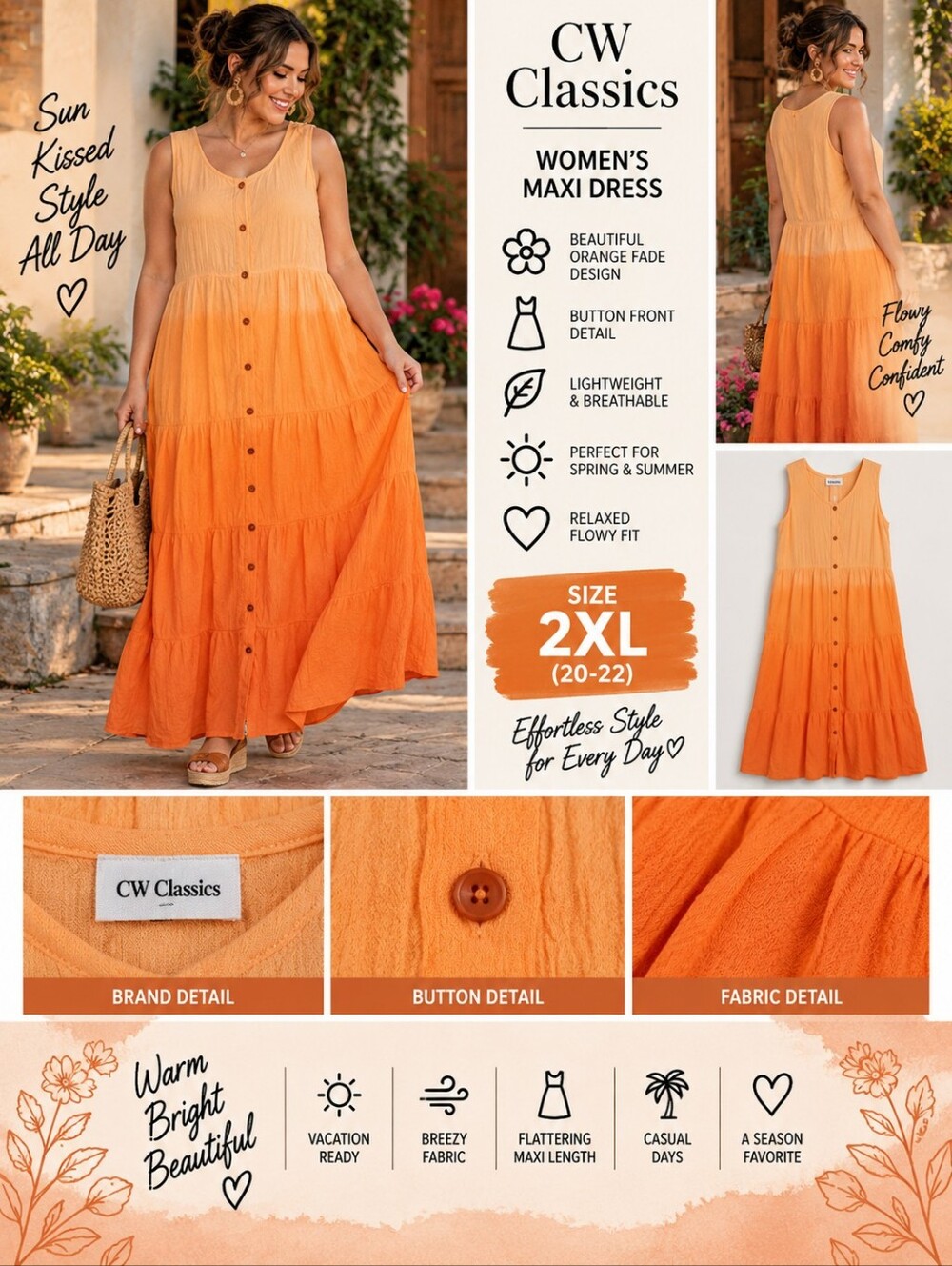 CW classic Women's 2X orange fade button maxi dress #36